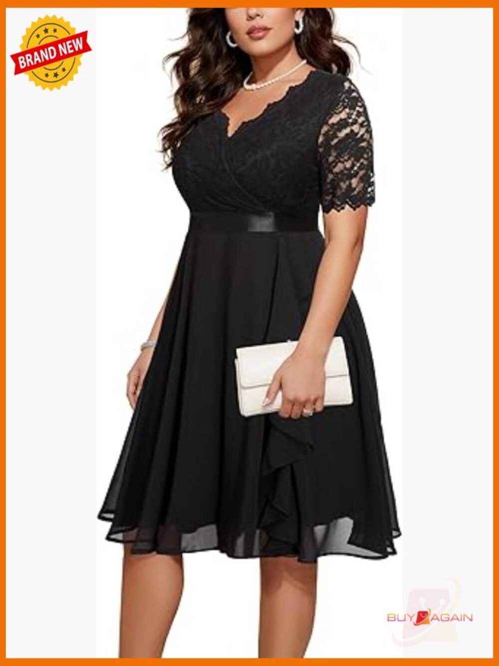 Plus Size Lace Formal Tea Length Midi Dress with Ruffled Chiffon - Wedding